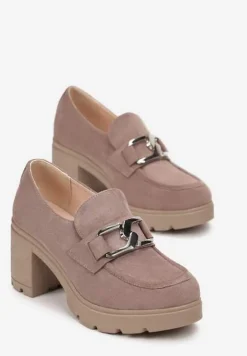 Ciemnobeżowe Półbuty na Platformie i Obcasie Zdobione Klamerką Cynalline