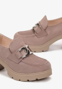Ciemnobeżowe Półbuty na Platformie i Obcasie Zdobione Klamerką Cynalline