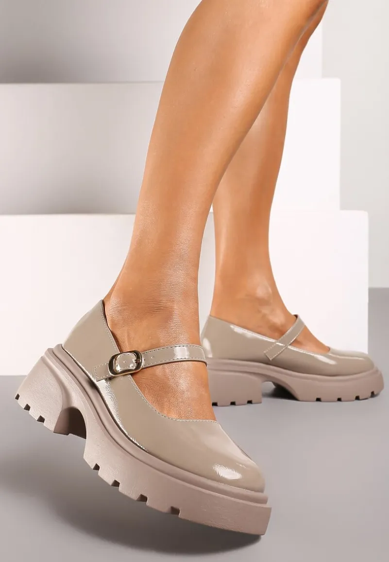 Ciemnobeżowe Półbuty na Platformie w Stylu Mary Jane z Paskiem Vailin