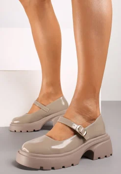 Ciemnobeżowe Półbuty na Platformie w Stylu Mary Jane z Paskiem Vailin