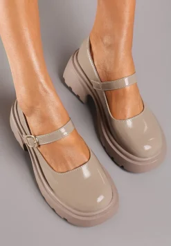 Ciemnobeżowe Półbuty na Platformie w Stylu Mary Jane z Paskiem Vailin