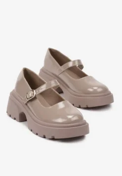 Ciemnobeżowe Półbuty na Platformie w Stylu Mary Jane z Paskiem Vailin