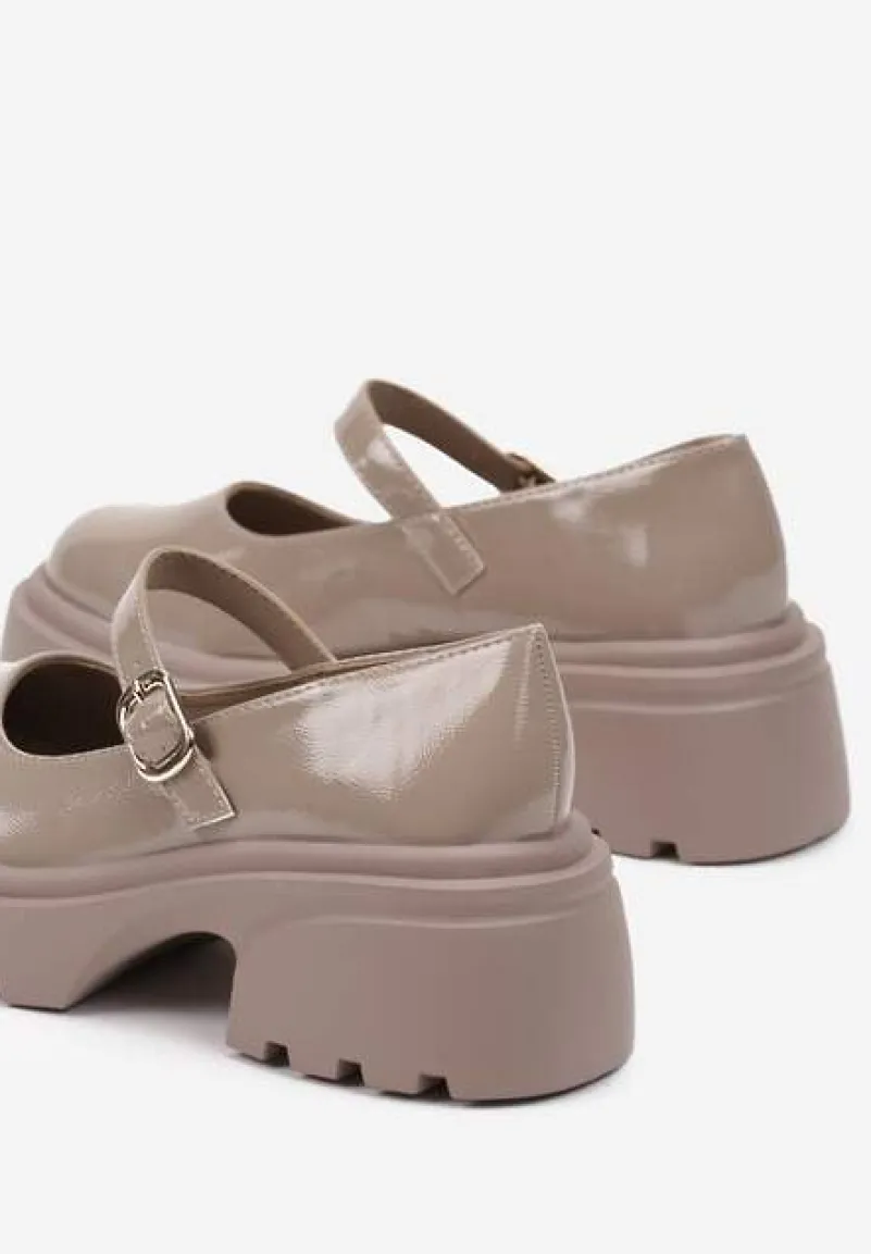 Ciemnobeżowe Półbuty na Platformie w Stylu Mary Jane z Paskiem Vailin