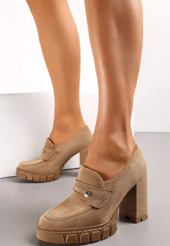 Ciemnobeżowe Półbuty na Słupku i Platformie Albreide
