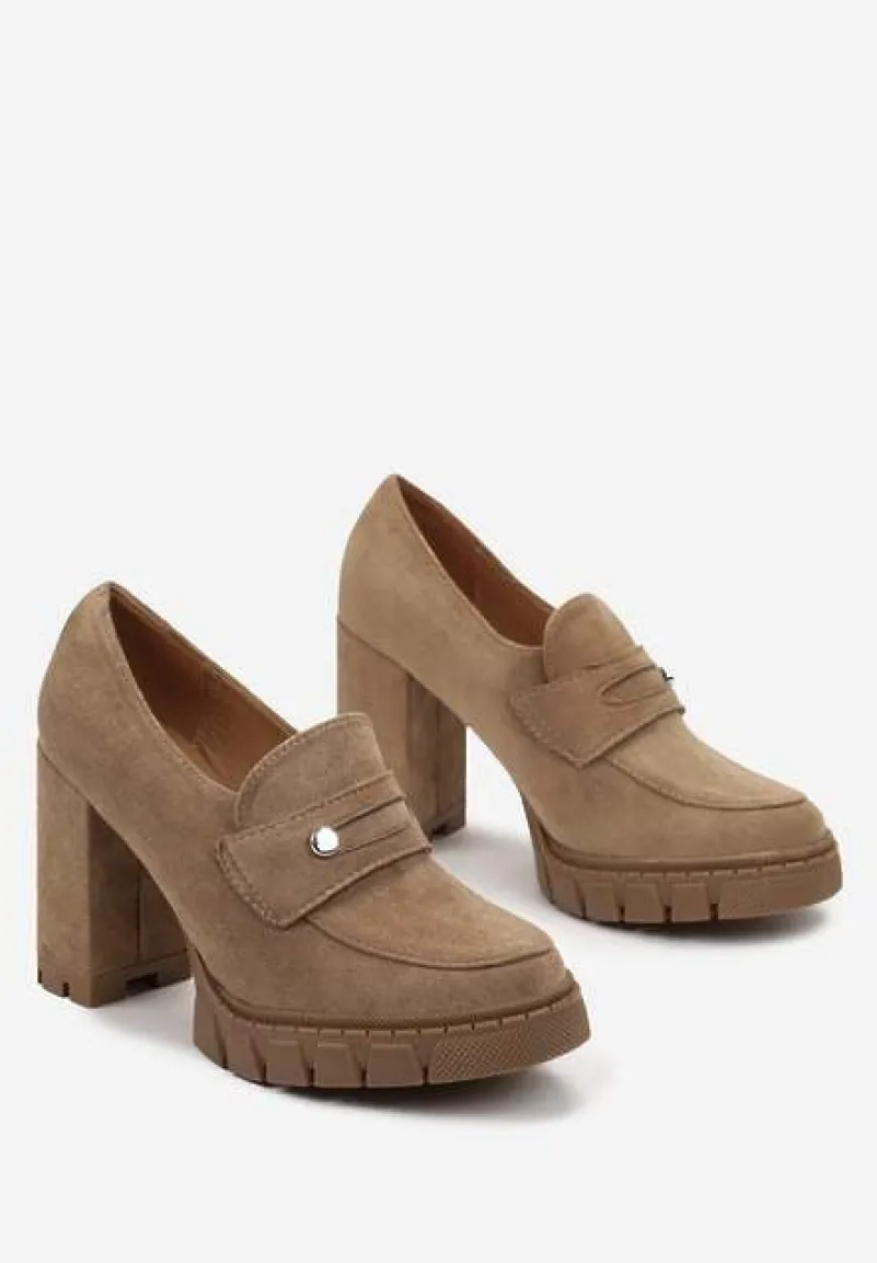 Ciemnobeżowe Półbuty na Słupku i Platformie Albreide