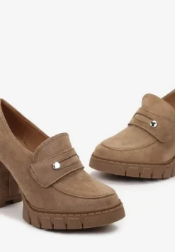 Ciemnobeżowe Półbuty na Słupku i Platformie Albreide