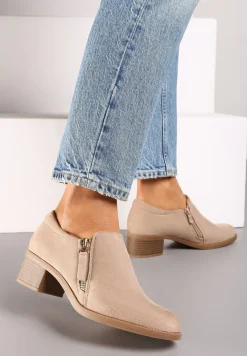 Ciemnobeżowe Półbuty na Słupku z Niską Cholewką Ozdobioną Suwakiem Ansolee