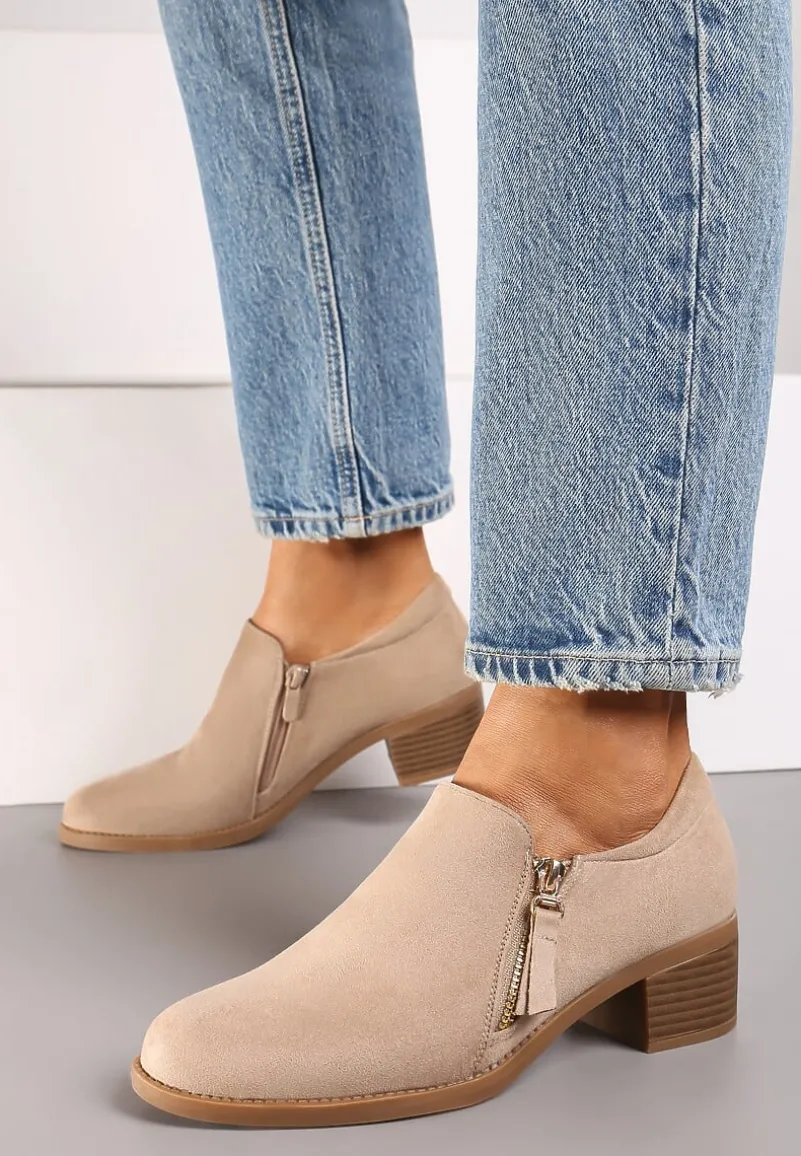 Ciemnobeżowe Półbuty na Słupku z Niską Cholewką Ozdobioną Suwakiem Ansolee