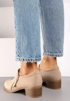 Ciemnobeżowe Półbuty na Słupku z Niską Cholewką Ozdobioną Suwakiem Ansolee