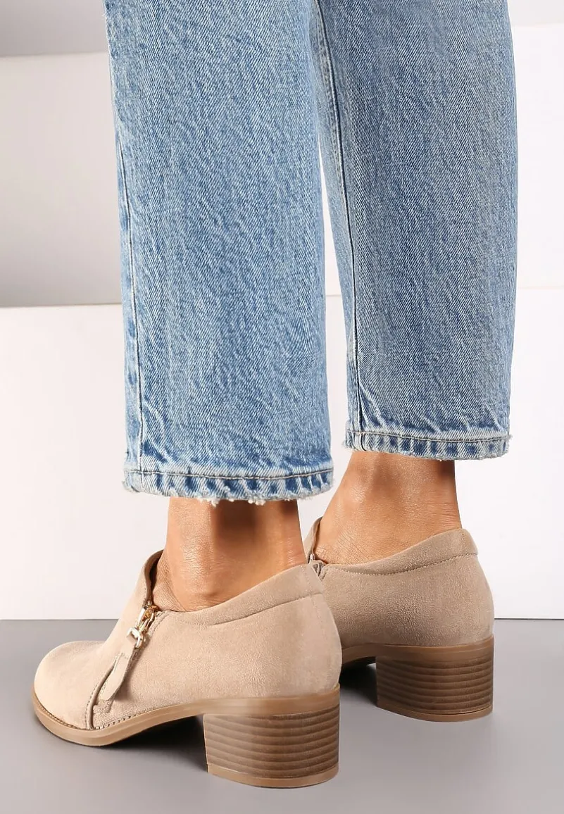 Ciemnobeżowe Półbuty na Słupku z Niską Cholewką Ozdobioną Suwakiem Ansolee