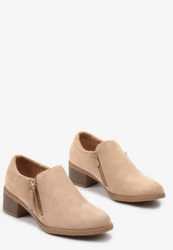 Ciemnobeżowe Półbuty na Słupku z Niską Cholewką Ozdobioną Suwakiem Ansolee