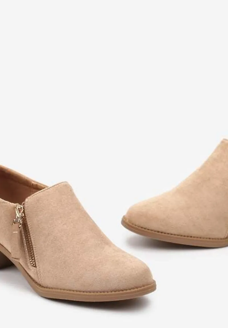 Ciemnobeżowe Półbuty na Słupku z Niską Cholewką Ozdobioną Suwakiem Ansolee