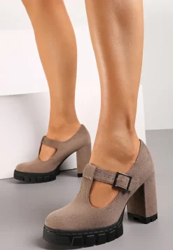 Ciemnobeżowe Półbuty na Słupku i Platformie ze Sprzączką i Wkładką ze Skóry Naturalnej Kaeilta