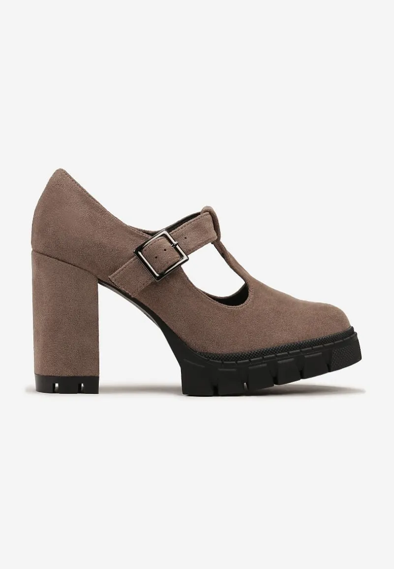 Ciemnobeżowe Półbuty na Słupku i Platformie ze Sprzączką i Wkładką ze Skóry Naturalnej Kaeilta