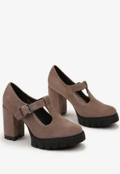 Ciemnobeżowe Półbuty na Słupku i Platformie ze Sprzączką i Wkładką ze Skóry Naturalnej Kaeilta