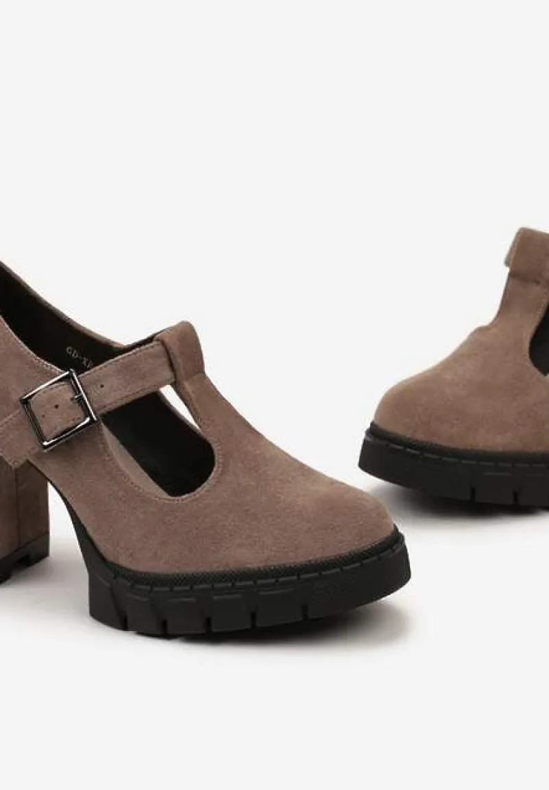 Ciemnobeżowe Półbuty na Słupku i Platformie ze Sprzączką i Wkładką ze Skóry Naturalnej Kaeilta