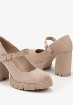 Ciemnobeżowe Półbuty na Słupku Mary Jane Ozdobione Tłoczoną Podeszwą Gigirae