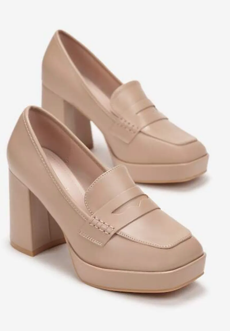 Ciemnobeżowe Półbuty na Słupku z Kwadratowym Noskiem Cristiana