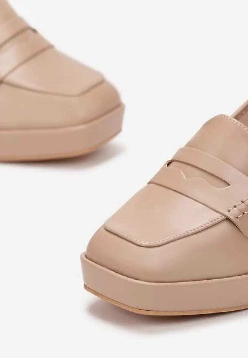 Ciemnobeżowe Półbuty na Słupku z Kwadratowym Noskiem Cristiana