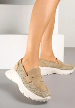 Ciemnobeżowe Półbuty na Tłoczonej Platformie Eraviella