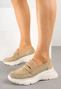 Ciemnobeżowe Półbuty na Tłoczonej Platformie Eraviella
