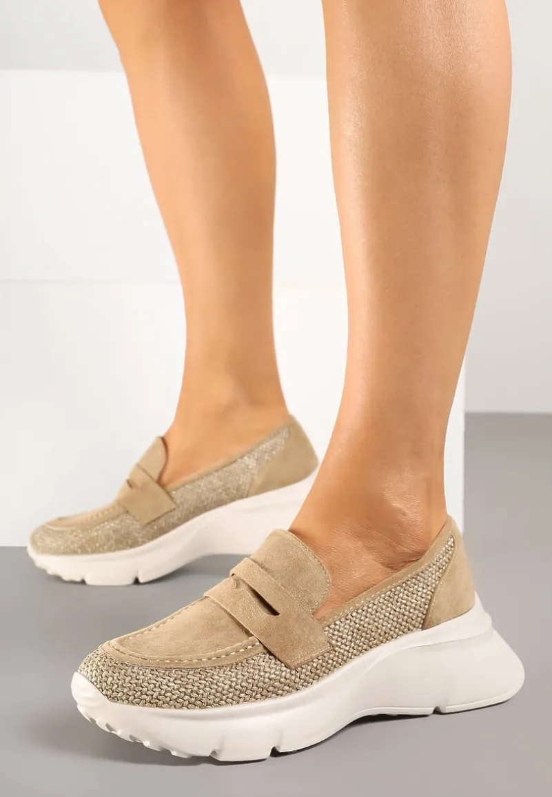 Ciemnobeżowe Półbuty na Tłoczonej Platformie Eraviella