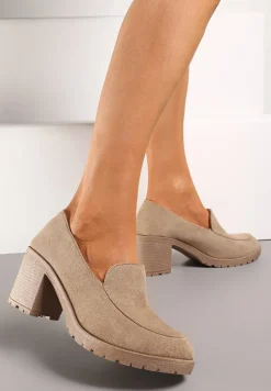 Ciemnobeżowe Półbuty w Stylu Mokasynów na Słupku i Niskiej Platformie Aridfana