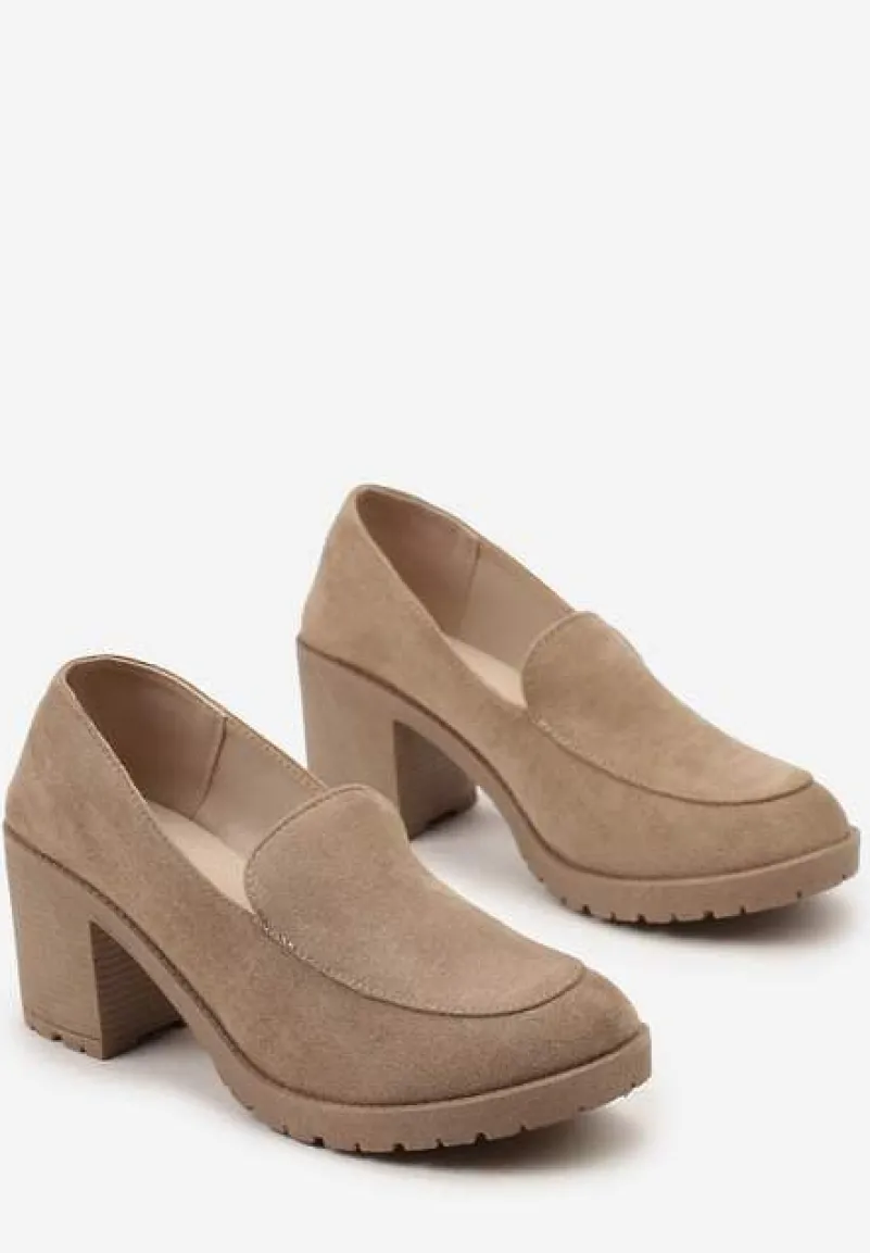 Ciemnobeżowe Półbuty w Stylu Mokasynów na Słupku i Niskiej Platformie Aridfana