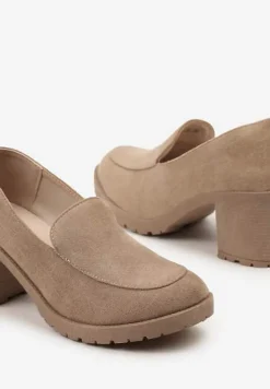 Ciemnobeżowe Półbuty w Stylu Mokasynów na Słupku i Niskiej Platformie Aridfana