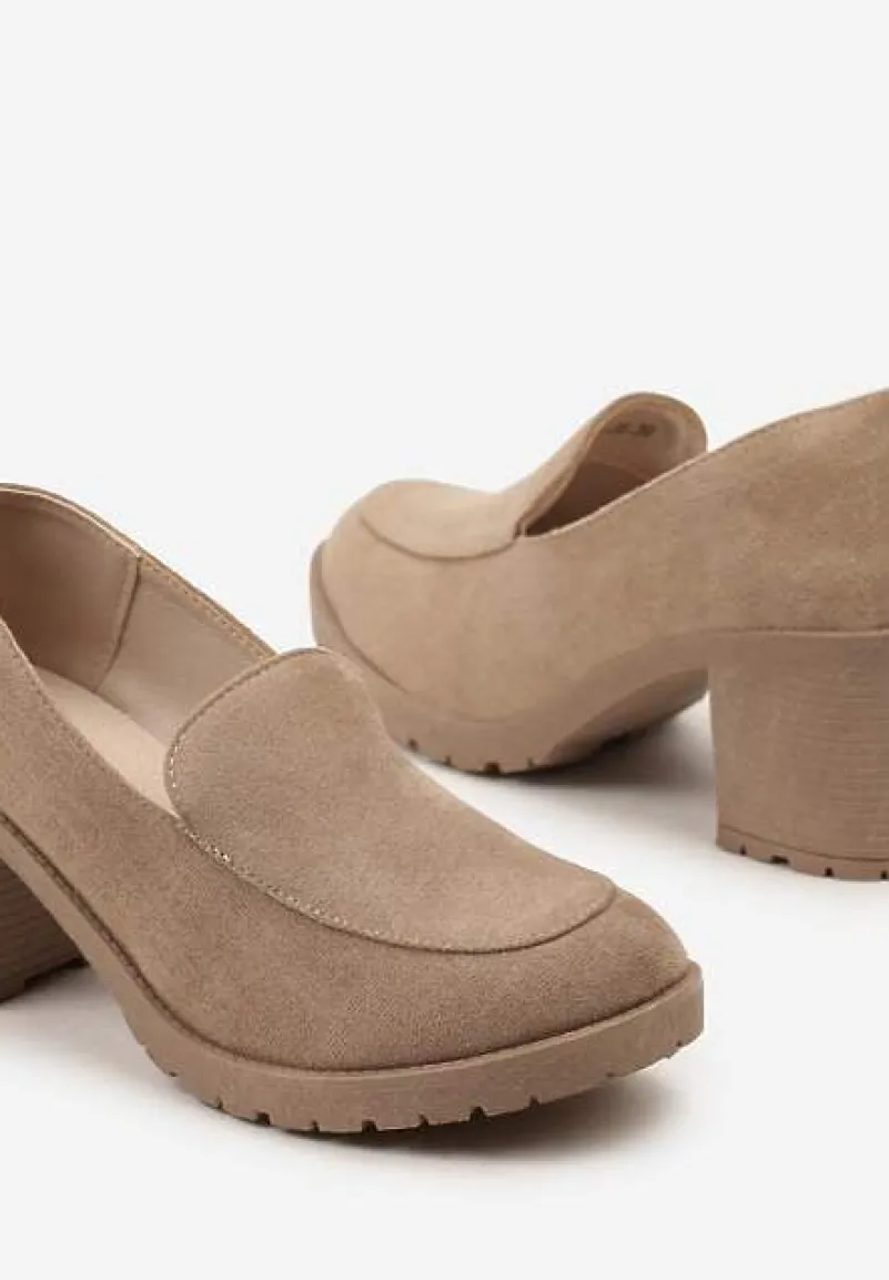 Ciemnobeżowe Półbuty w Stylu Mokasynów na Słupku i Niskiej Platformie Aridfana