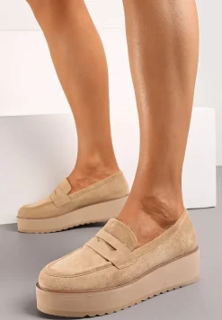 Ciemnobeżowe Półbuty w Stylu Mokasynów z Imitacji Zamszu na Platformie Vhisper