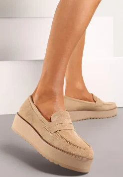 Ciemnobeżowe Półbuty w Stylu Mokasynów z Imitacji Zamszu na Platformie Vhisper