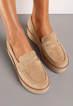 Ciemnobeżowe Półbuty w Stylu Mokasynów z Imitacji Zamszu na Platformie Vhisper