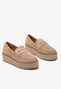 Ciemnobeżowe Półbuty w Stylu Mokasynów z Imitacji Zamszu na Platformie Vhisper