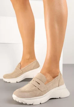 Ciemnobeżowe Półbuty w Stylu Mokasynów na Platformie Viandis