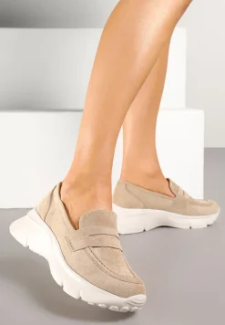 Ciemnobeżowe Półbuty w Stylu Mokasynów na Platformie Viandis