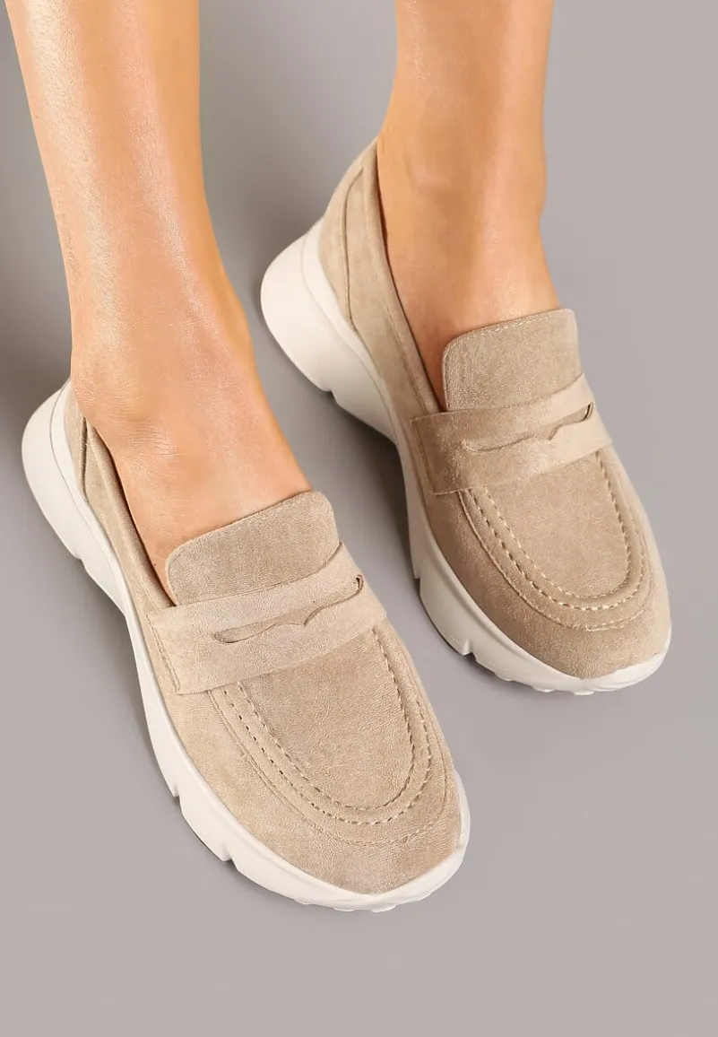 Ciemnobeżowe Półbuty w Stylu Mokasynów na Platformie Viandis