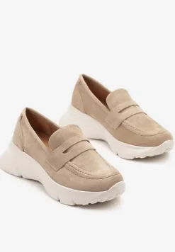 Ciemnobeżowe Półbuty w Stylu Mokasynów na Platformie Viandis