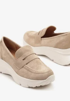 Ciemnobeżowe Półbuty w Stylu Mokasynów na Platformie Viandis