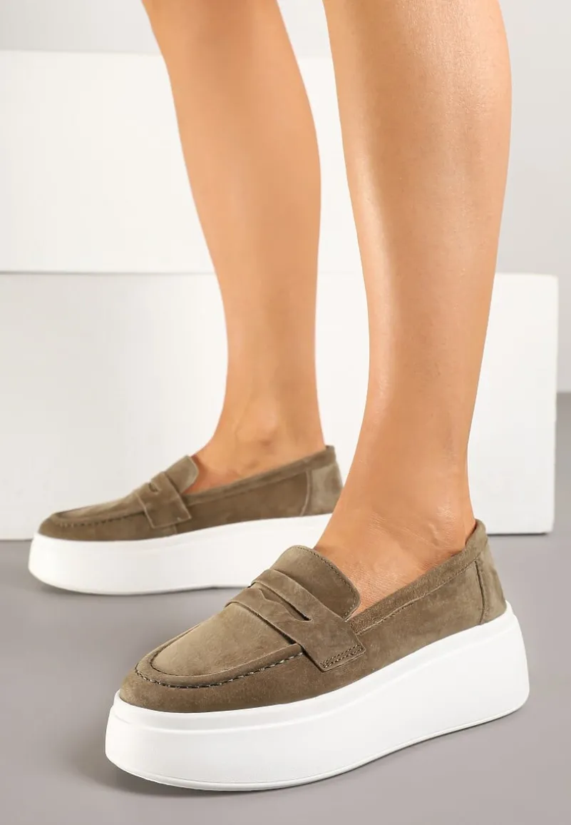 Ciemnobeżowe Półbuty w Stylu Mokasynów na Platformie ze Skóry Naturalnej Nilovira