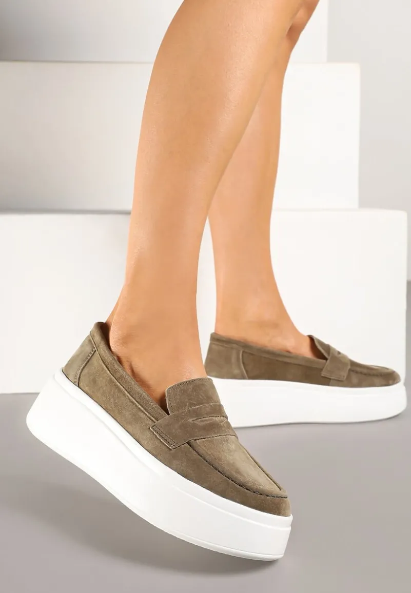 Ciemnobeżowe Półbuty w Stylu Mokasynów na Platformie ze Skóry Naturalnej Nilovira