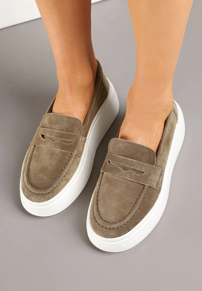 Ciemnobeżowe Półbuty w Stylu Mokasynów na Platformie ze Skóry Naturalnej Nilovira