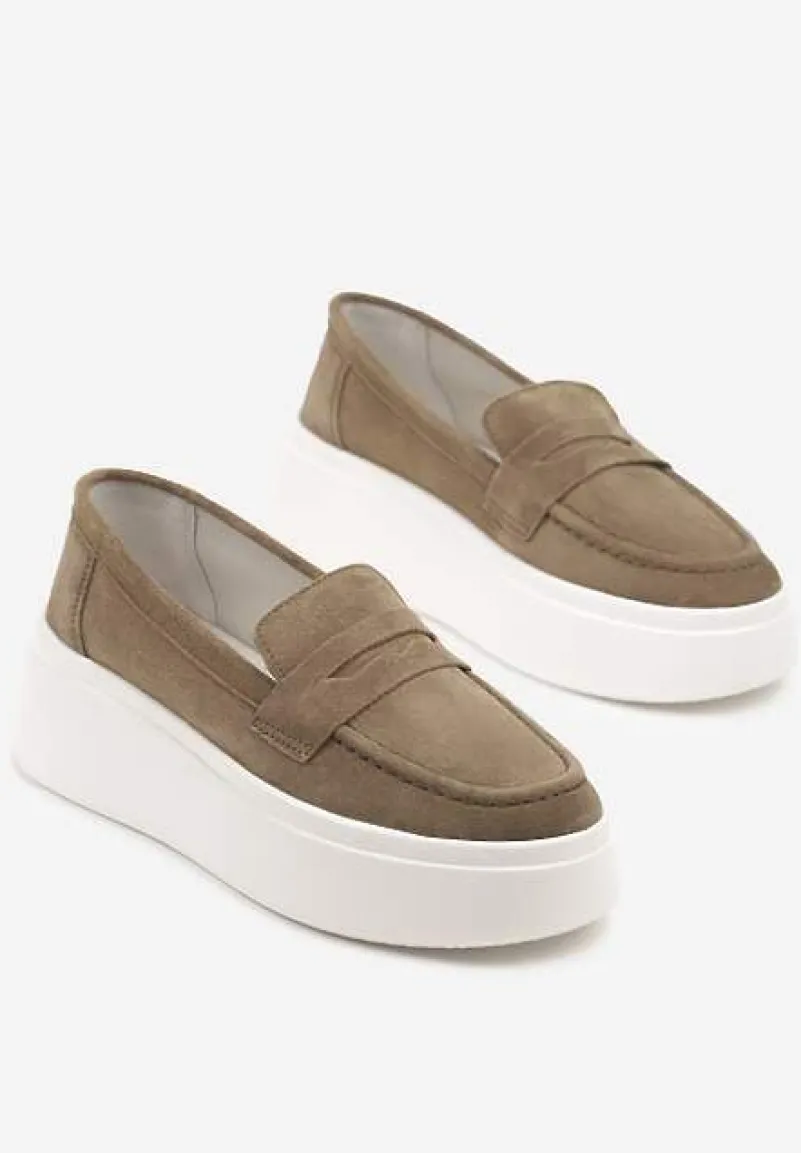 Ciemnobeżowe Półbuty w Stylu Mokasynów na Platformie ze Skóry Naturalnej Nilovira