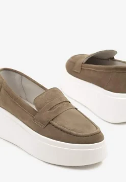 Ciemnobeżowe Półbuty w Stylu Mokasynów na Platformie ze Skóry Naturalnej Nilovira