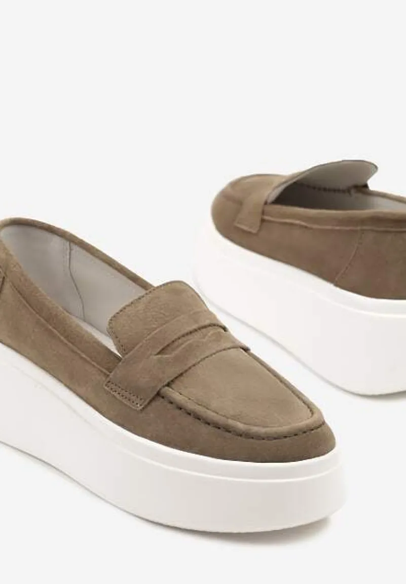 Ciemnobeżowe Półbuty w Stylu Mokasynów na Platformie ze Skóry Naturalnej Nilovira