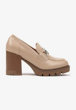 Ciemnobeżowe Półbuty w Stylu Loafersów na Słupkowym Obcasie Felindria