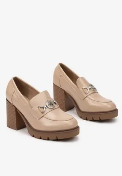 Ciemnobeżowe Półbuty w Stylu Loafersów na Słupkowym Obcasie Felindria