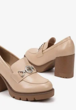 Ciemnobeżowe Półbuty w Stylu Loafersów na Słupkowym Obcasie Felindria
