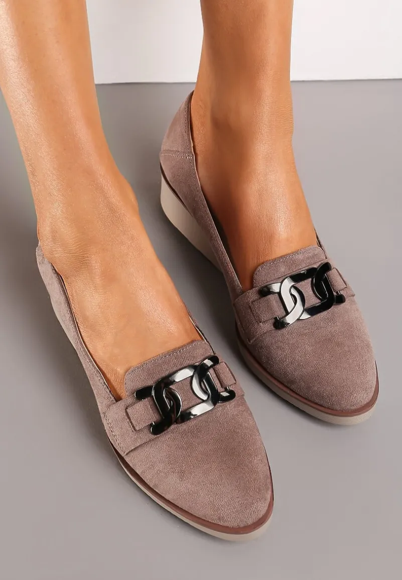 Ciemnobeżowe Półbuty z Klamerką na Niskim Koturnie z Wkładką ze Skóry Naturalnej Bahama