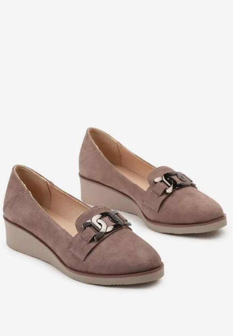 Ciemnobeżowe Półbuty z Klamerką na Niskim Koturnie z Wkładką ze Skóry Naturalnej Bahama